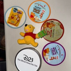 Disney Kellogg’s Winnie the Pooh mini Beanie & D23 set 4 coasters & storage tin
